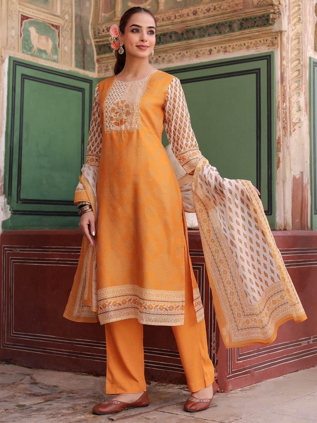 Women Printed Chanderi Cotton Kurta with Trousers & Dupatta