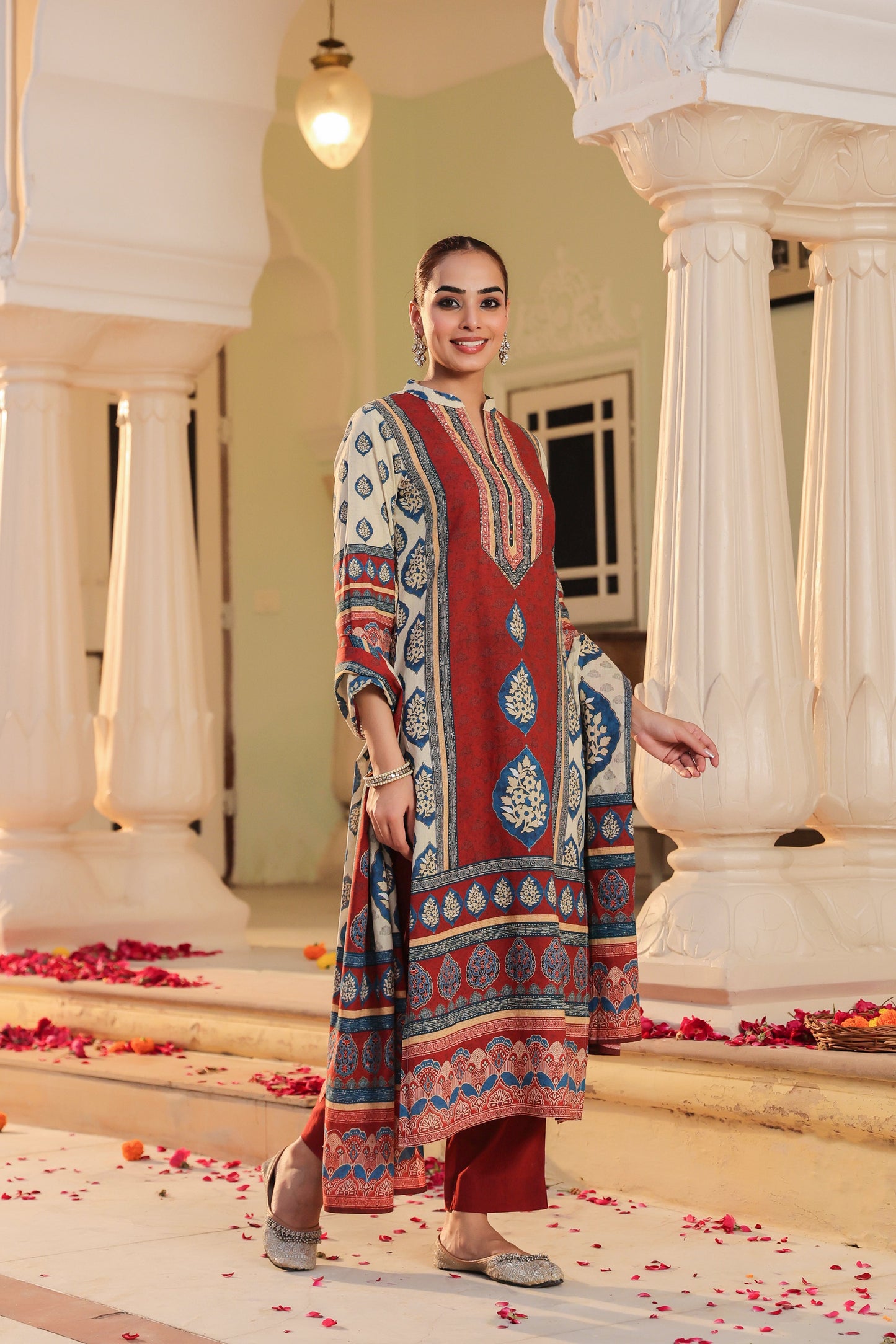 Floral Printed Mandarin Collar Muslin Kurta With Trousers & Dupatta