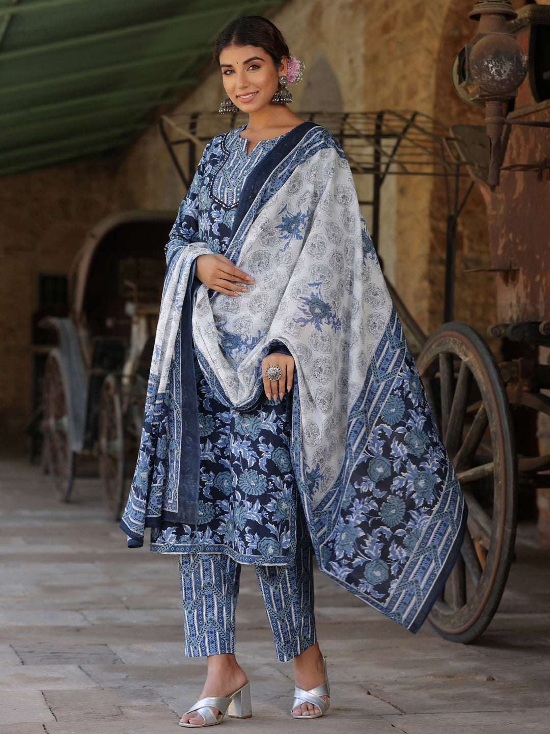 Women Navy Blue Floral Printed Pure Cotton Straight Kurta With Printed Trouser And Dupatta
