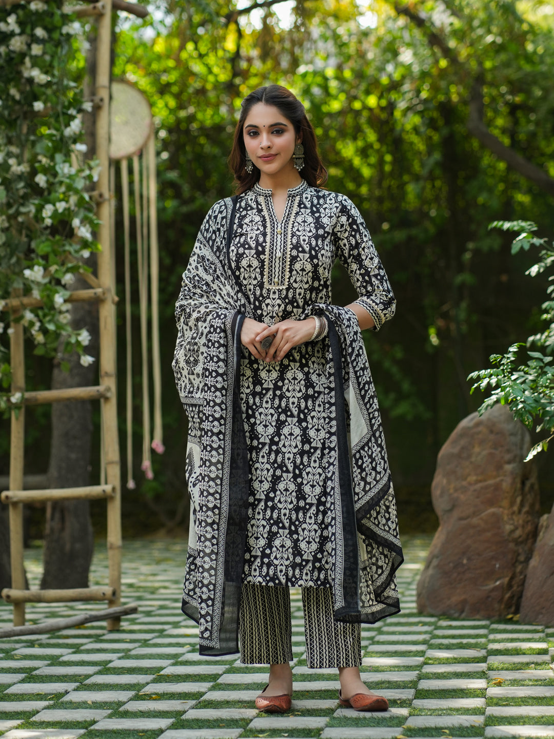 Women Black Ikat Printed Pure Cotton Straight Kurta With Printed Trouser And Printed Dupatta