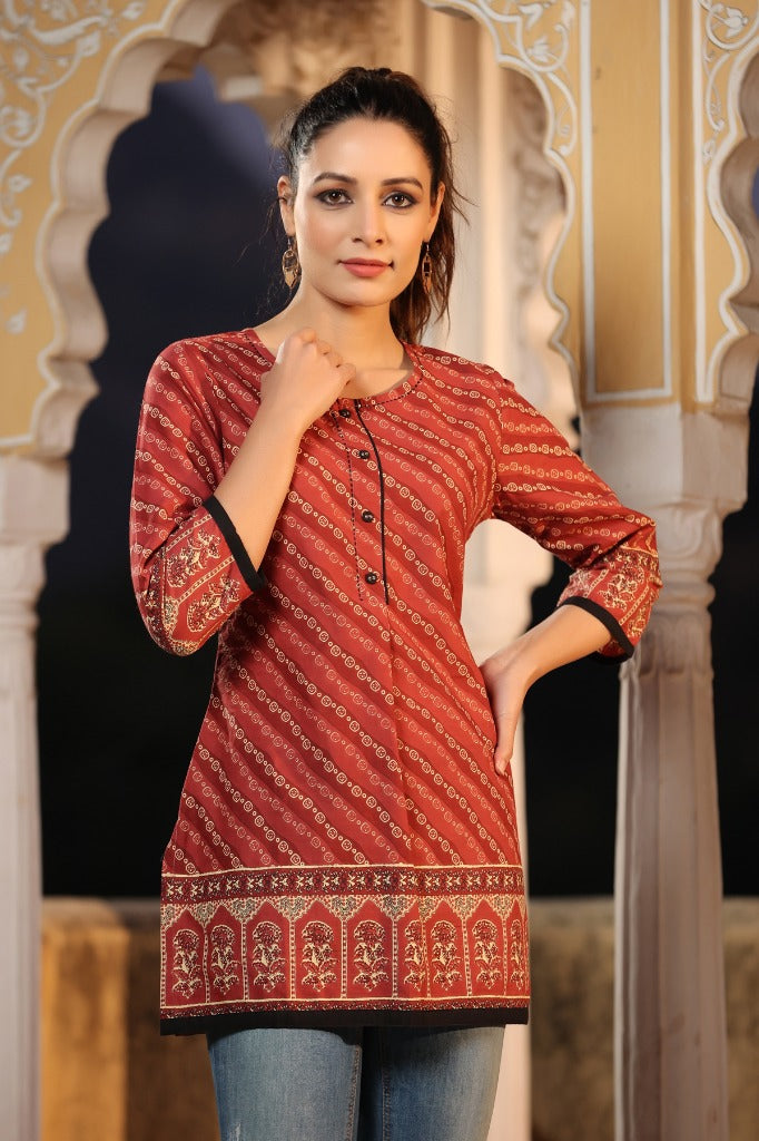 Women Rust & Beige Pure Cotton Kurti