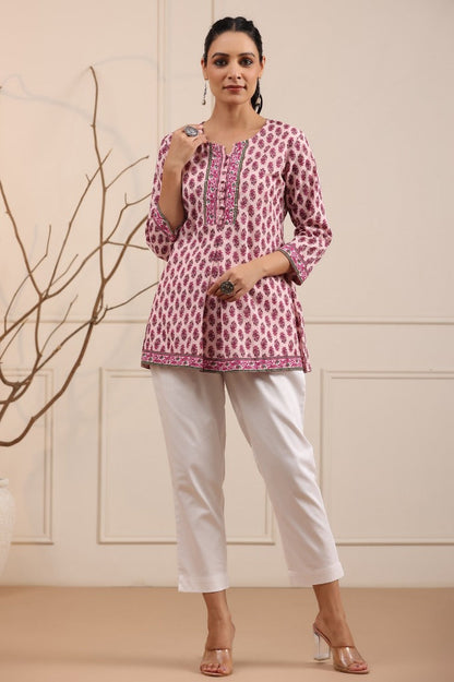 Women Lavender & Pink Printed Sequinned A-line Kurti