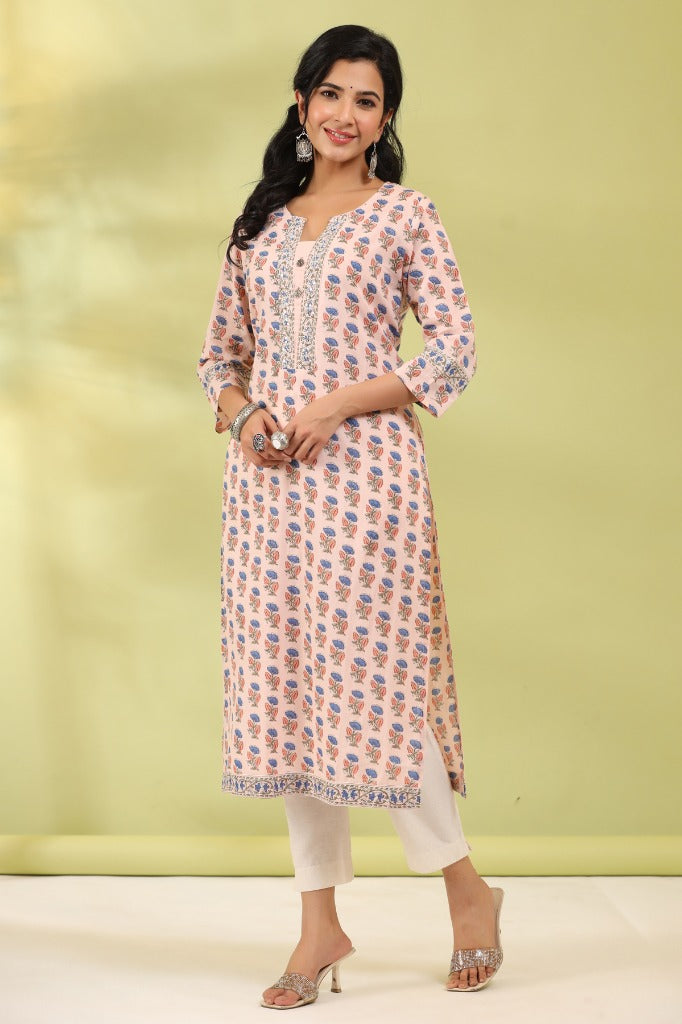 Women Pink and Blue Floral Printed Pure Cotton Kurta