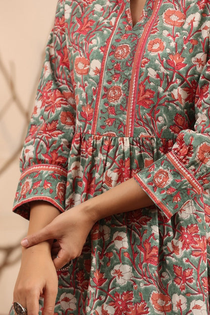Women Olive green & Pink Floral Printed A line Pure Cotton Kurti