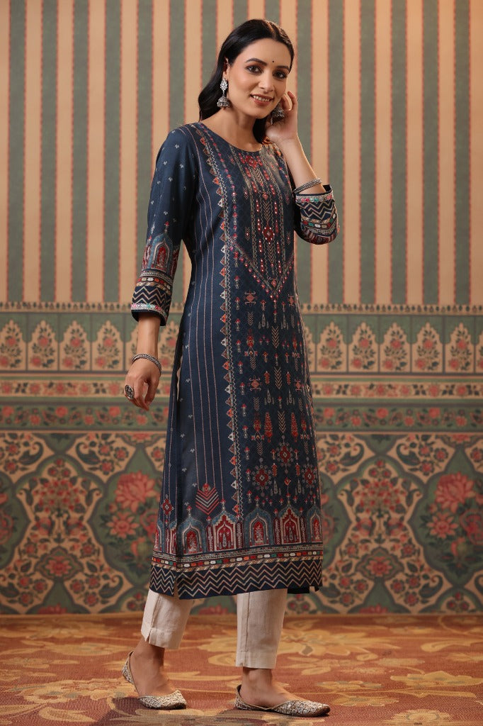 Women Blue Digital Printed Mirror Work Straight Kurta