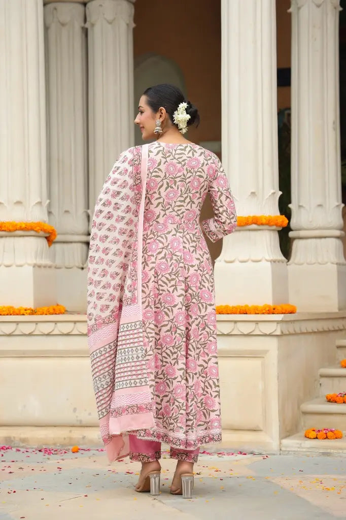Women Pink Floral Printed Pure Cotton Anarkali Kurta Set