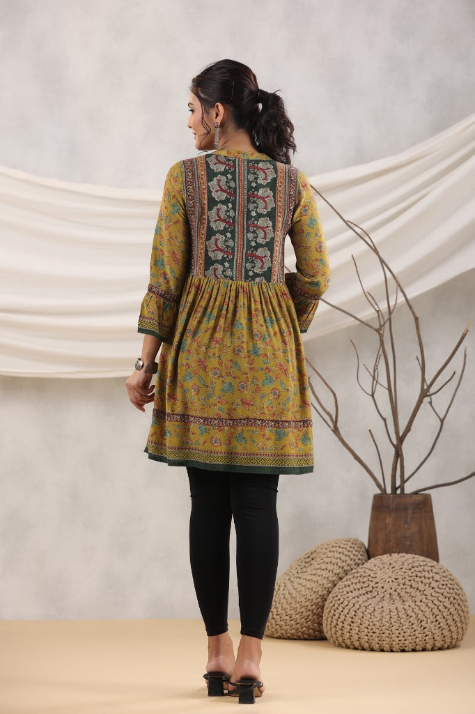Women Mustard Ethnic Motifs Printed A-Line Kurti