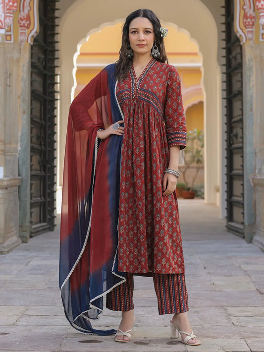 Women Maroon Ethnic Motifs Printed Empire Design Anarkali Kurta With Printed Trouser & Dupatta