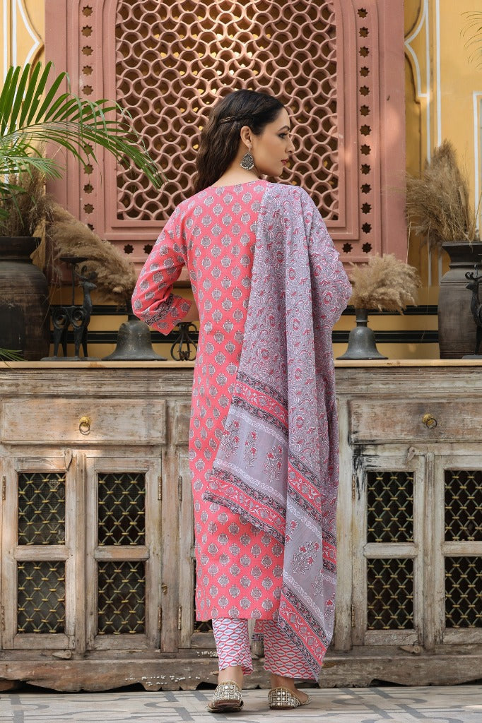 Women Pink Ethnic Printed Pure Cotton Straight Kurta with Trousers & Dupatta