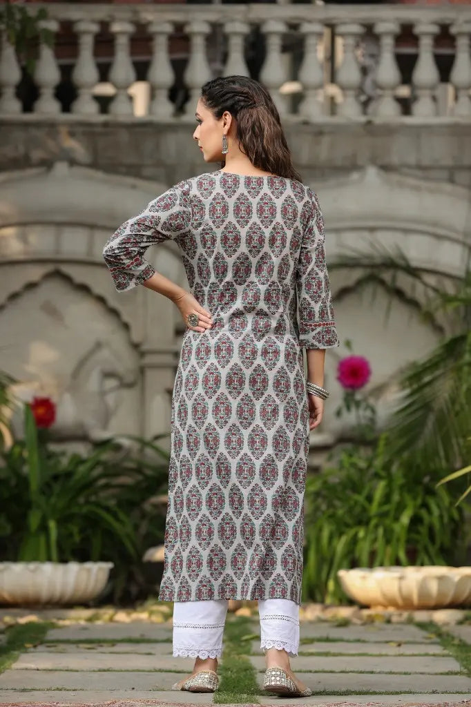 Women Grey Ethnic Motifs Printed Pure Cotton Kurta