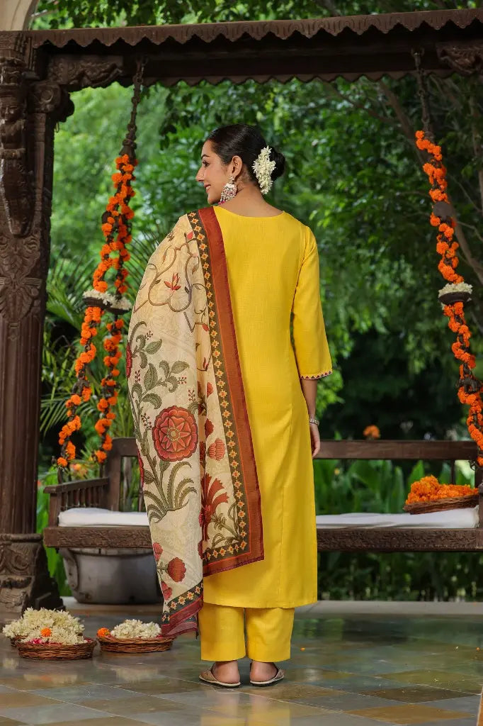 Women Yellow Embroidery Ethnic Motifs Printed Kurta Set