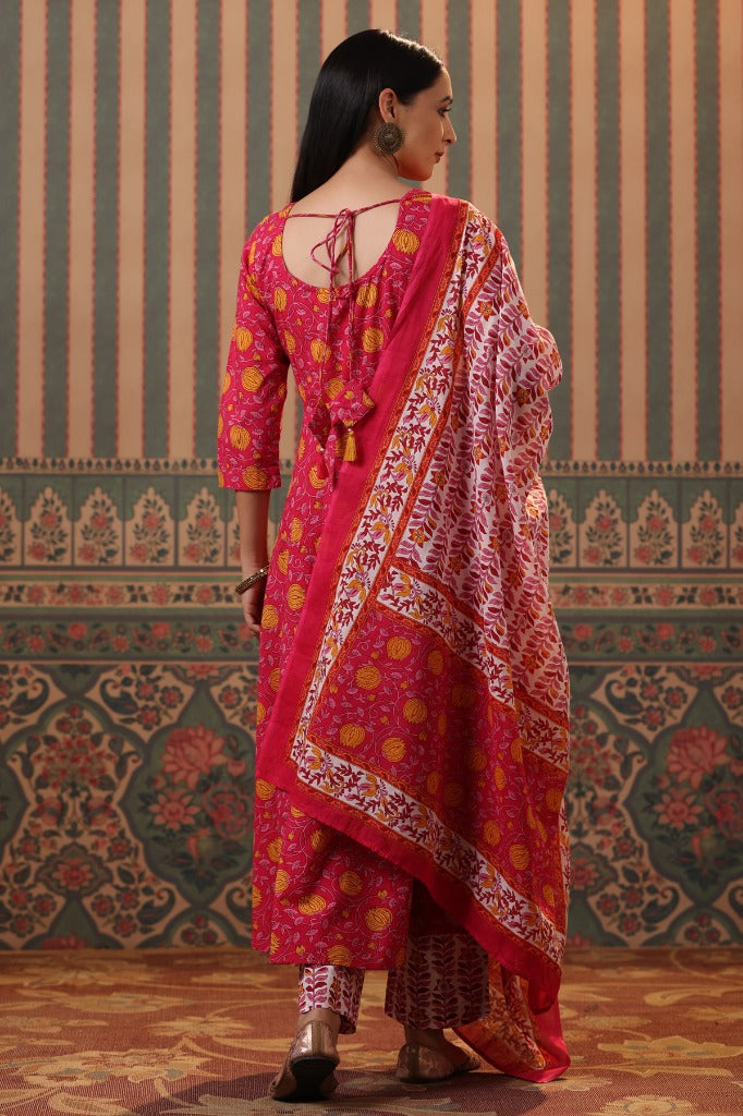 Women Fuchsia Floral Printed Sequinned Cotton Anarkali Kurta With Trousers & Dupatta