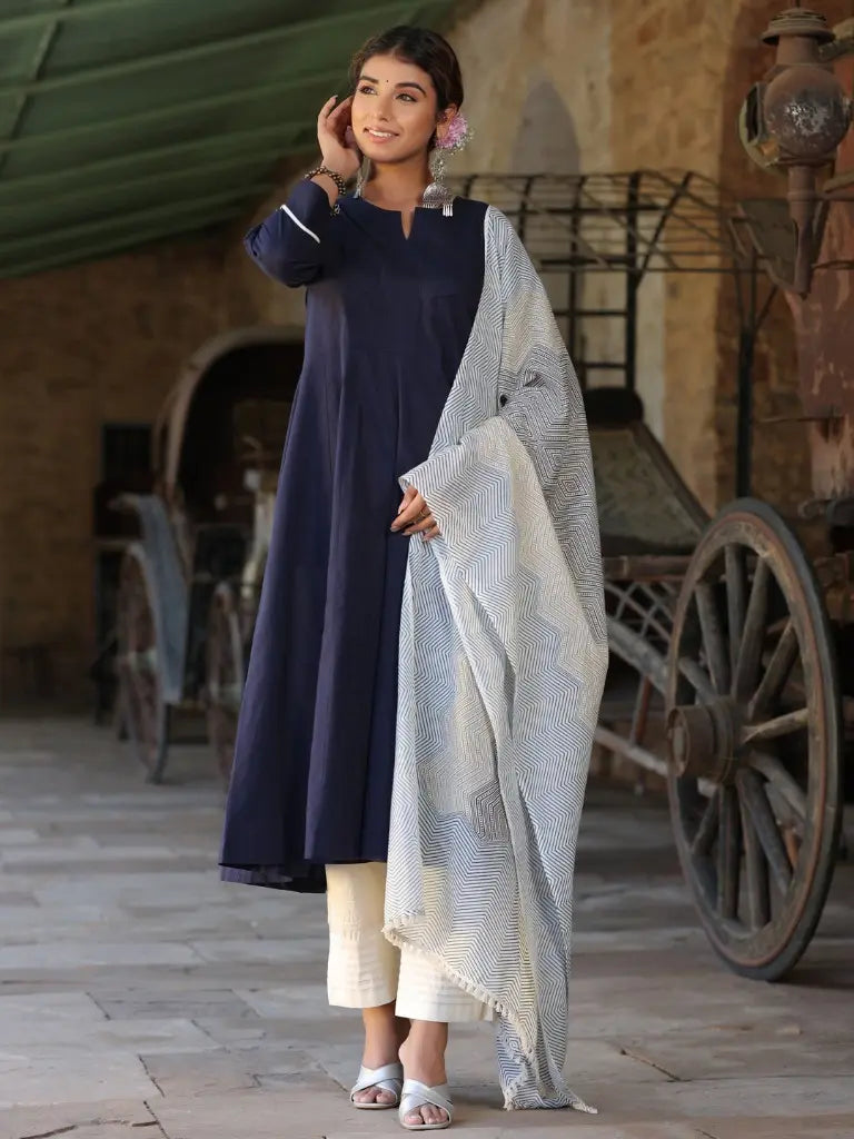 Women Navy Blue Solid Yoke Design Anarkali Kurta With Printed Dupatta And Trouser
