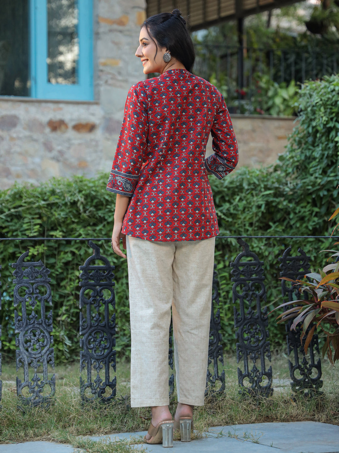 Women Maroon Ethnic Motifs Printed Pure Cotton A-line Kurti