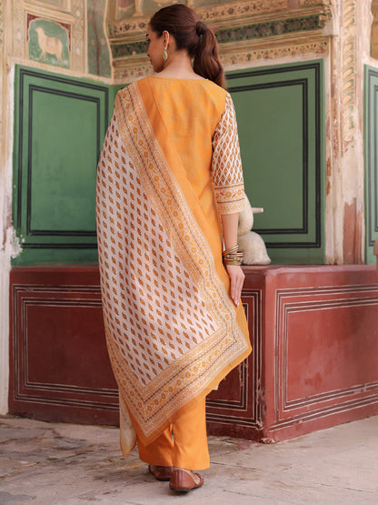 Women Printed Chanderi Cotton Kurta with Trousers & Dupatta