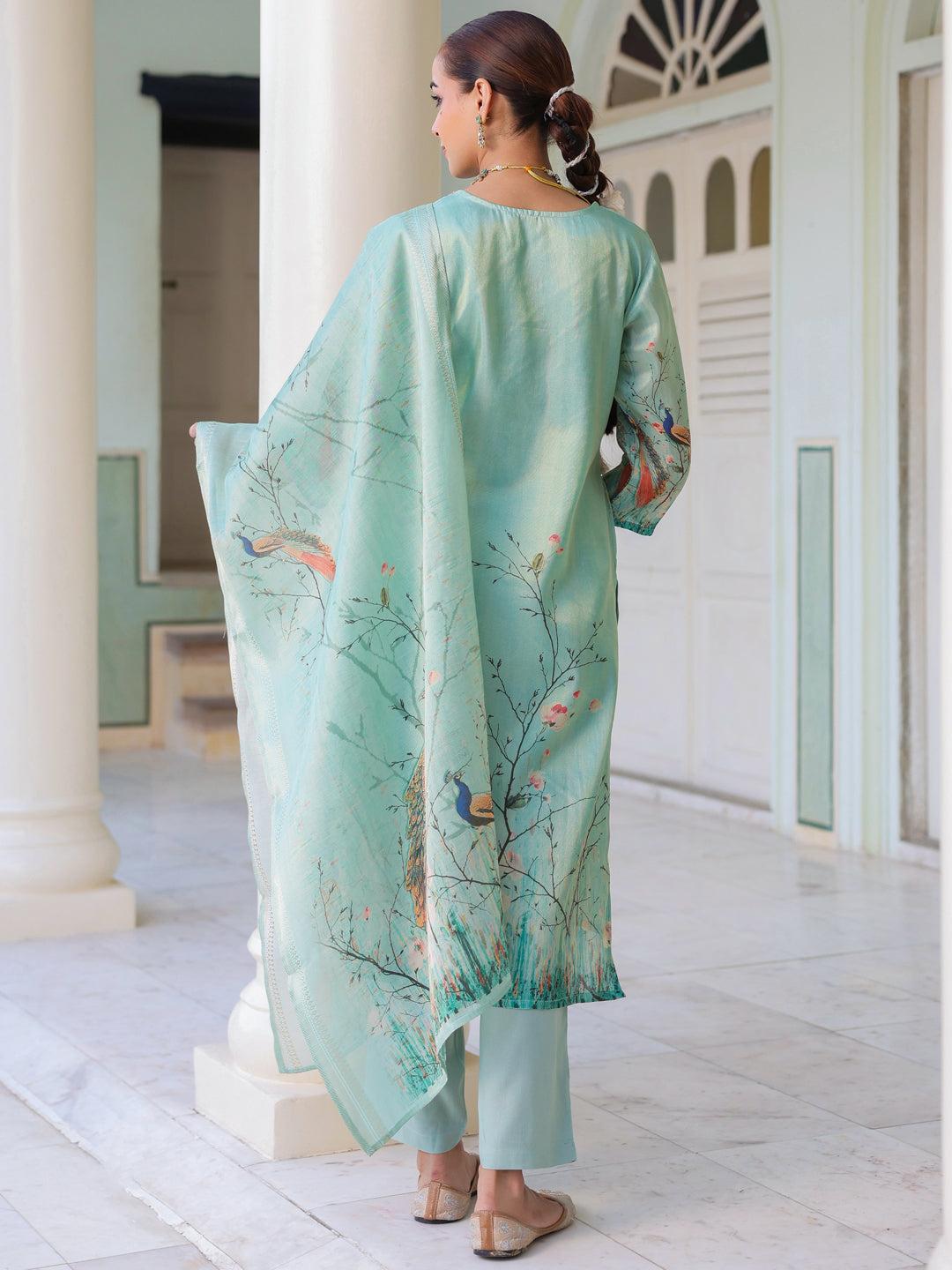 Ethnic Motifs Printed Zari Chanderi Cotton Kurta With Trousers & Dupatta