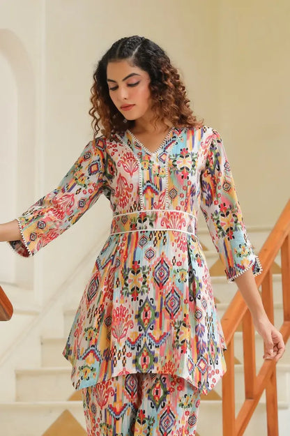 Women Multi Printed V-Neck Pure Cotton Tunic With Trousers