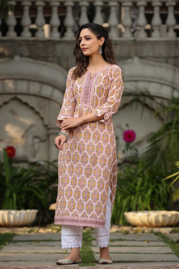 Women Pink Ethnic Motifs Printed Pure Cotton Kurta