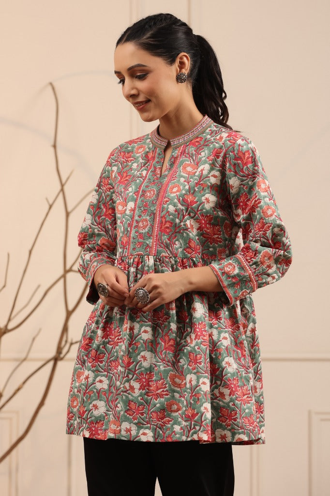 Women Olive green & Pink Floral Printed A line Pure Cotton Kurti