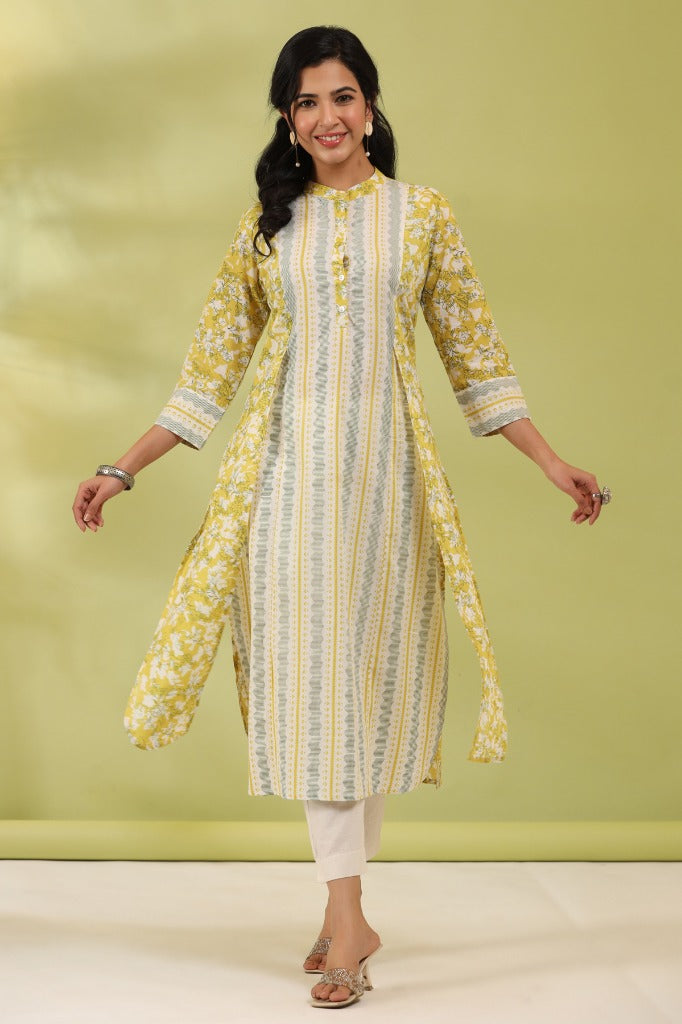 Women Green & White Ethnic Motifs Printed Pure Cotton Straight Kurta