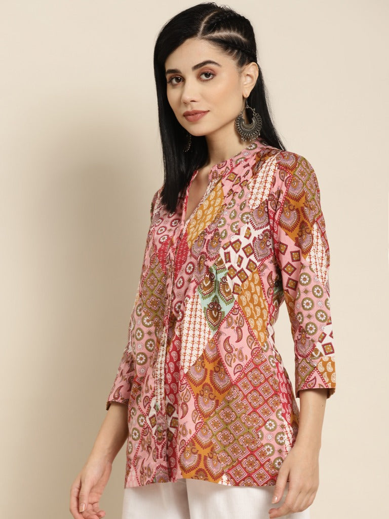 Women Peach & Yellow Abstract Printed Pure Cotton Kurti