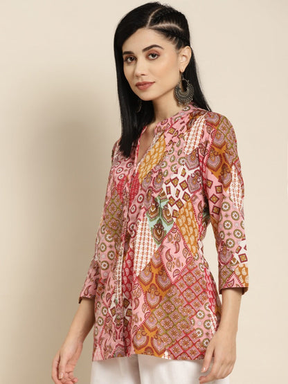 Women Peach & Yellow Abstract Printed Pure Cotton Kurti