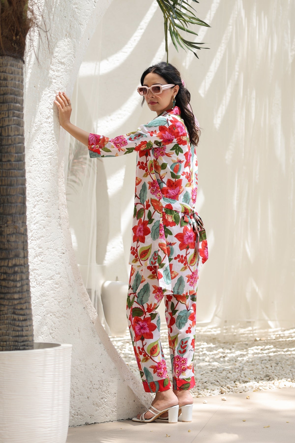 Printed Shirt Collar Pure Cotton High Low Tunic With Trousers