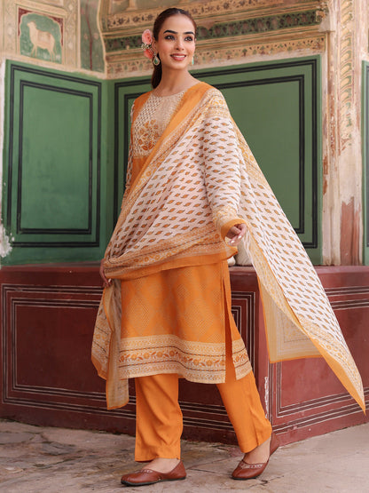 Women Printed Chanderi Cotton Kurta with Trousers & Dupatta