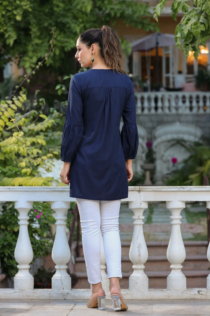 Women Navy Blue Solid Embroidered & Thread Work Cotton A line Kurti