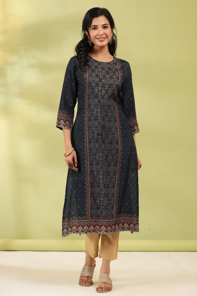 Women Teal Digital Printed Mirror Work Straight Kurta