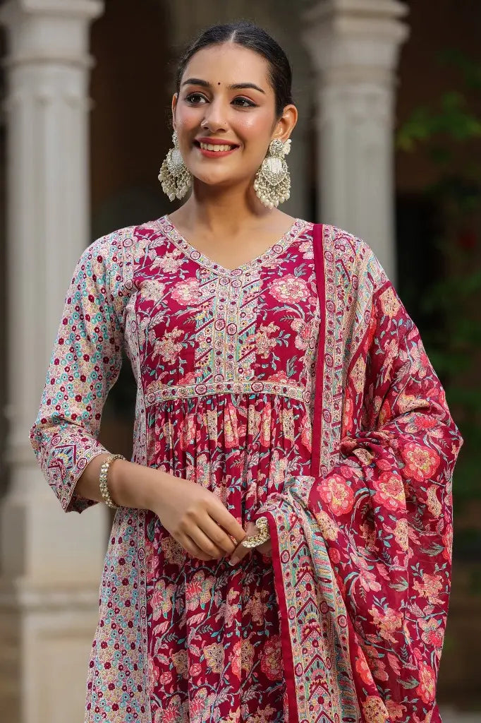 Women Wine Floral Printed A-line Kurta Set