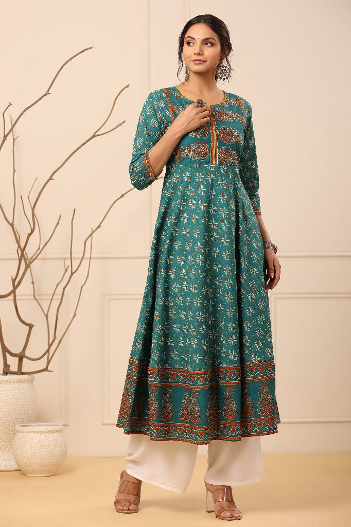 Women Teal Blue Ethnic Motifs Printed Anarkali Kurta
