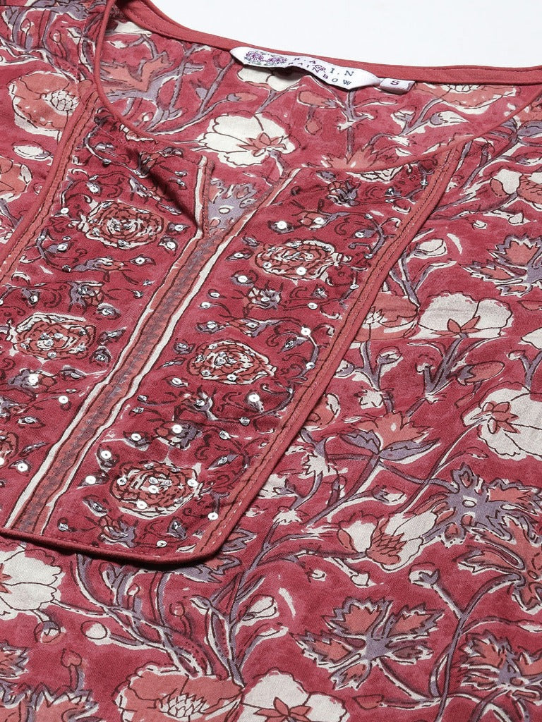 Women Rose Floral Printed Pure Cotton Straight Kurti