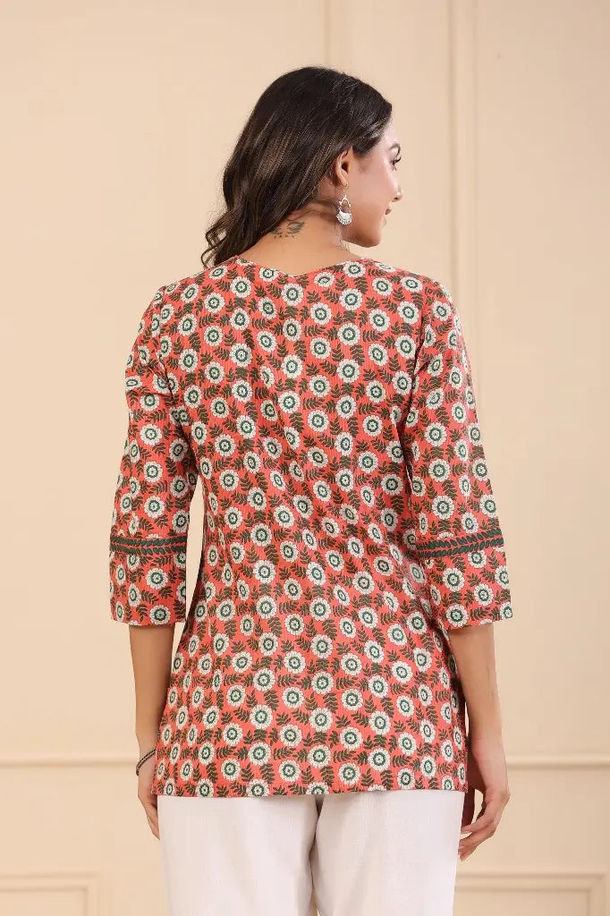 Women Peach Floral Printed Tie Up Neck Pure Cotton Kurti