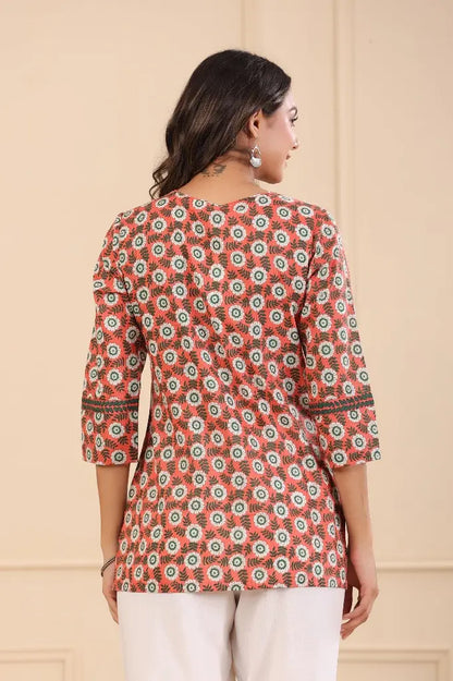Women Peach Floral Printed Tie Up Neck Pure Cotton Kurti