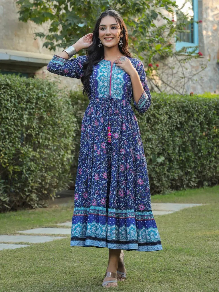 Women Blue Ethnic Motifs Printed Anarkali Kurta