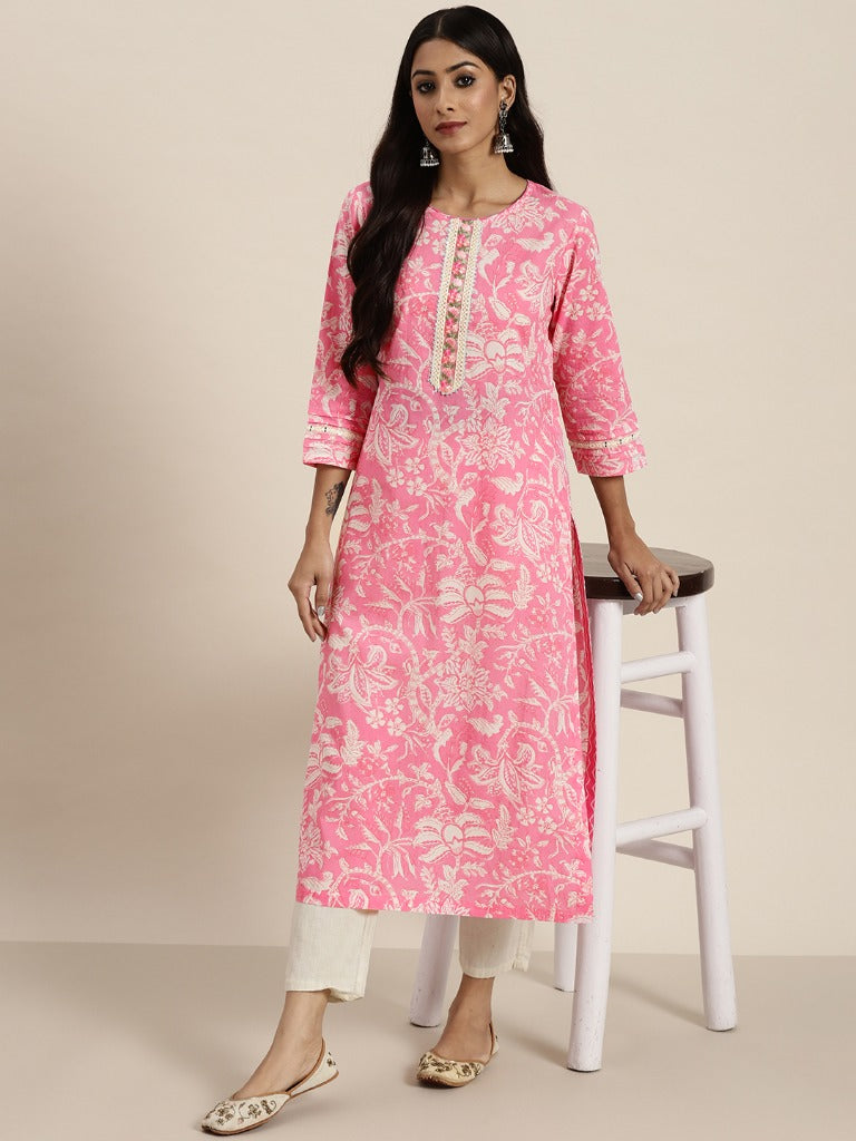 Women Pink Floral Printed Gotta Patti Straight Cotton Kurta