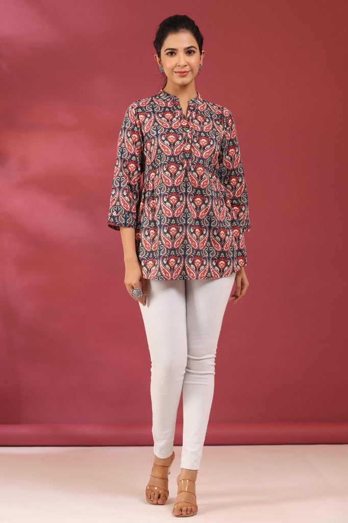 Women Blue and Red Paisley Printed A-Line Kurti