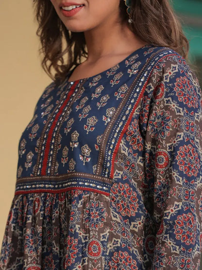 Women Blue Ethnic Motifs Printed A-line Kurti, Round Neck