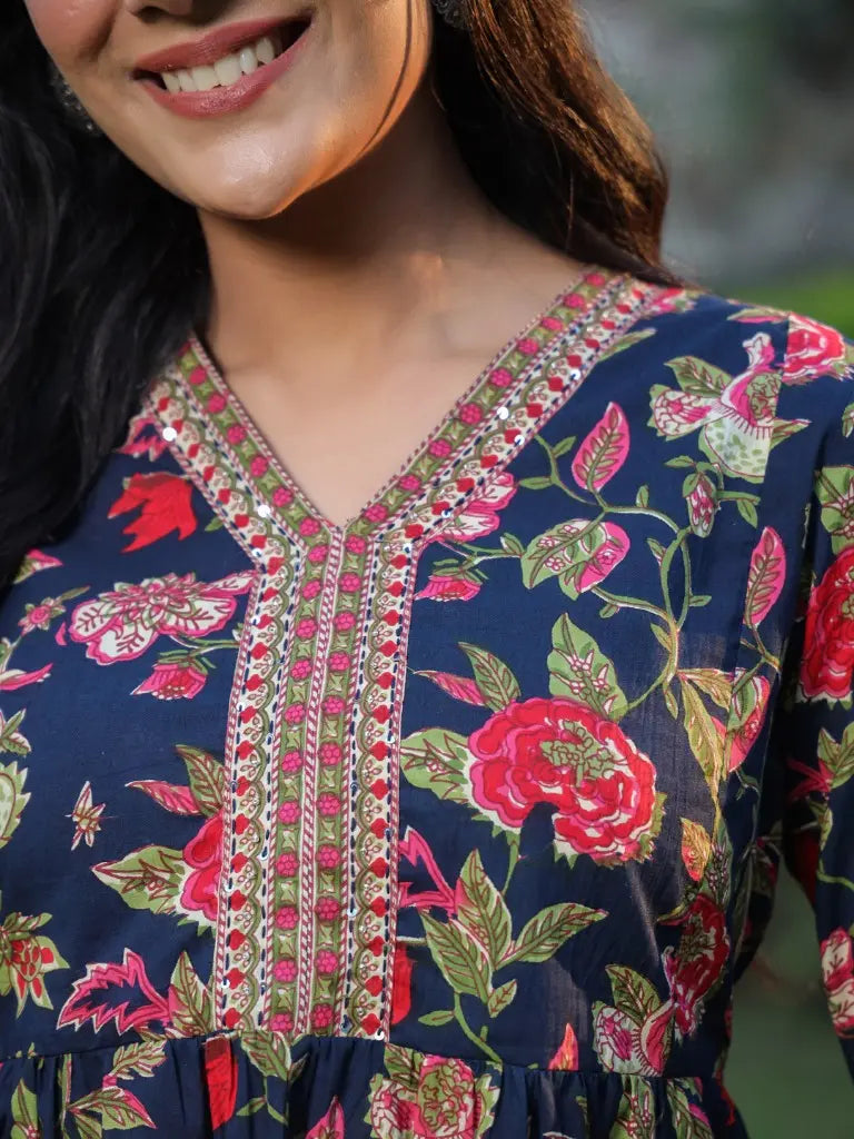 Women Navy Blue Floral Printed Pure Cotton A-line Kurti