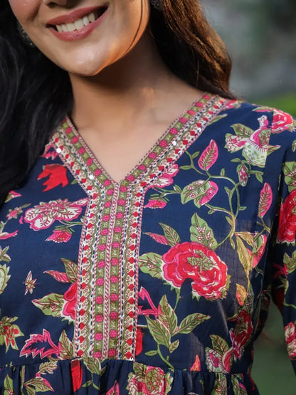 Women Navy Blue Floral Printed Pure Cotton A-line Kurti
