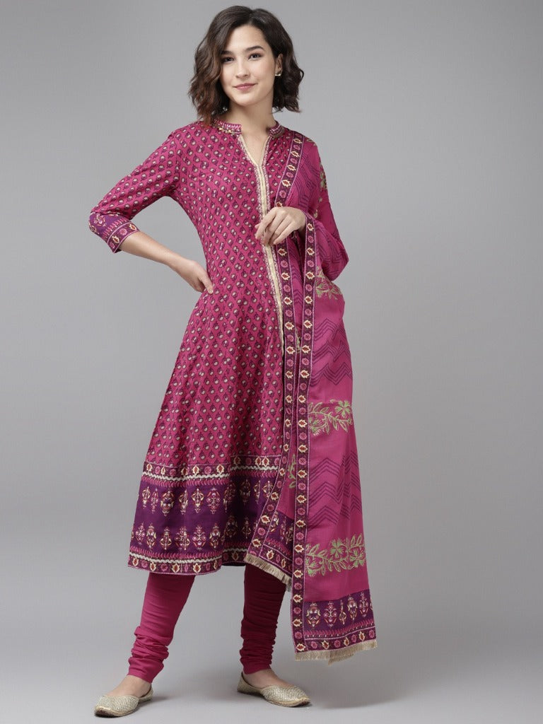 Women Magenta & Beige Printed Pure Cotton Kurta with Churidar & Dupatta