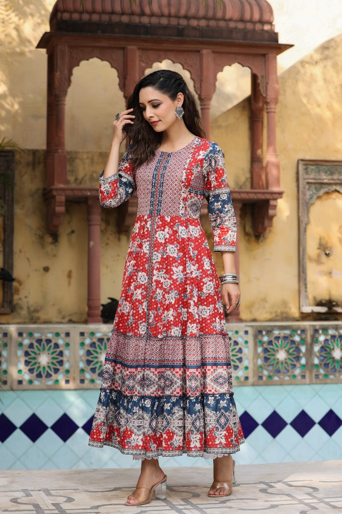 Women Red Floral Printed Pure Cotton Anarkali Kurta