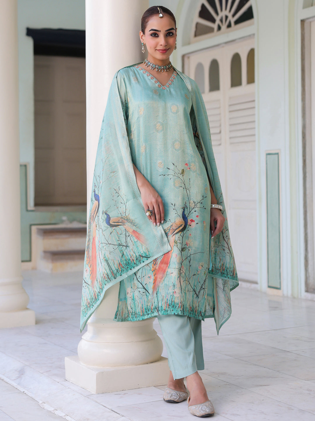 Ethnic Motifs Printed Zari Chanderi Cotton Kurta With Trousers & Dupatta