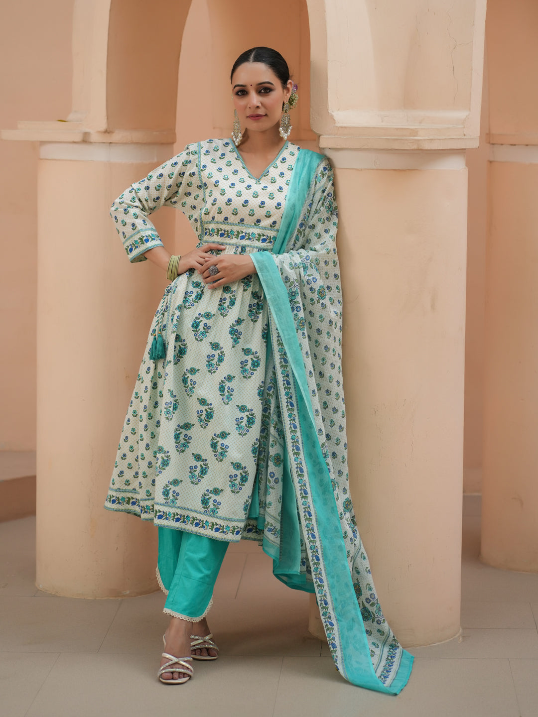 Women Teal Floral Printed Pure Cotton A-line Kurta With Solid Trouser And With Printed Dupatta