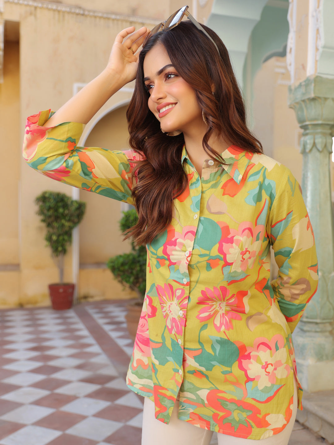 Women Abstract Printed Roll-Up Sleeves Shirt Style Cotton Regular Top