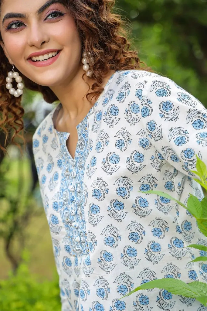 Women Blue and Off-White Printed A-Line Kurti