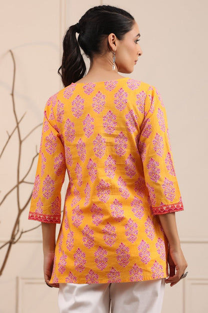 Women Orange & Pink Ethnic Printed Sequinned Pure Cotton Kurti