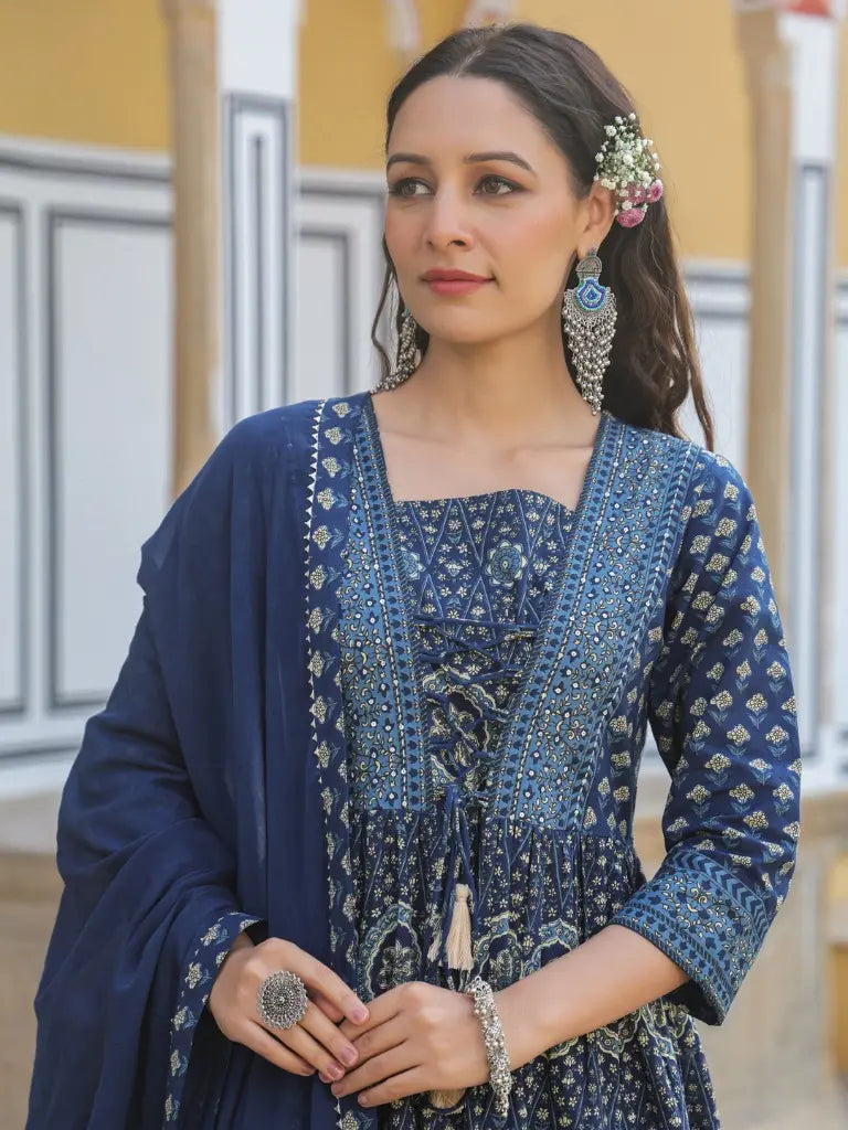 Women Panel Printed Navy Blue Anarkali Kurta With Trouser and Dupatta