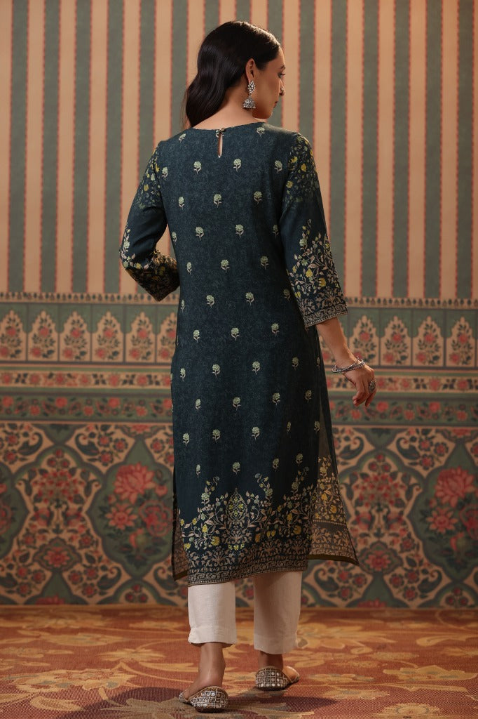 Women Teal Digital Printed Embroidery Straight Kurta